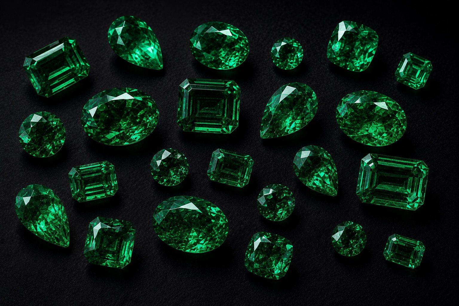 Twenty-two emeralds of varying size and cut, laid on black velvet.